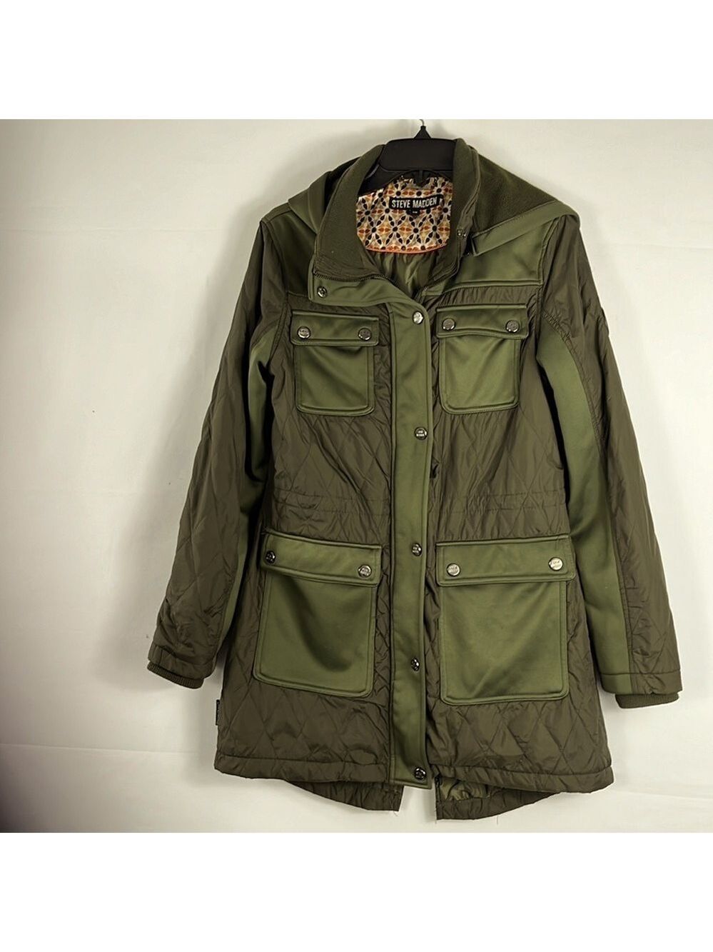Steve Madden Military Green Cargo Coat Jacket Quilted Hooded Cinch-able Waist S